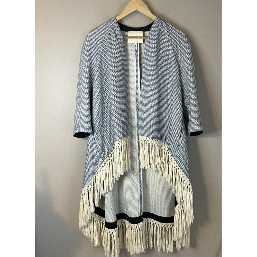 Maje Vitalo Blue Fringe Cardigan Coat Women 1 Small Blue Boho Open Front